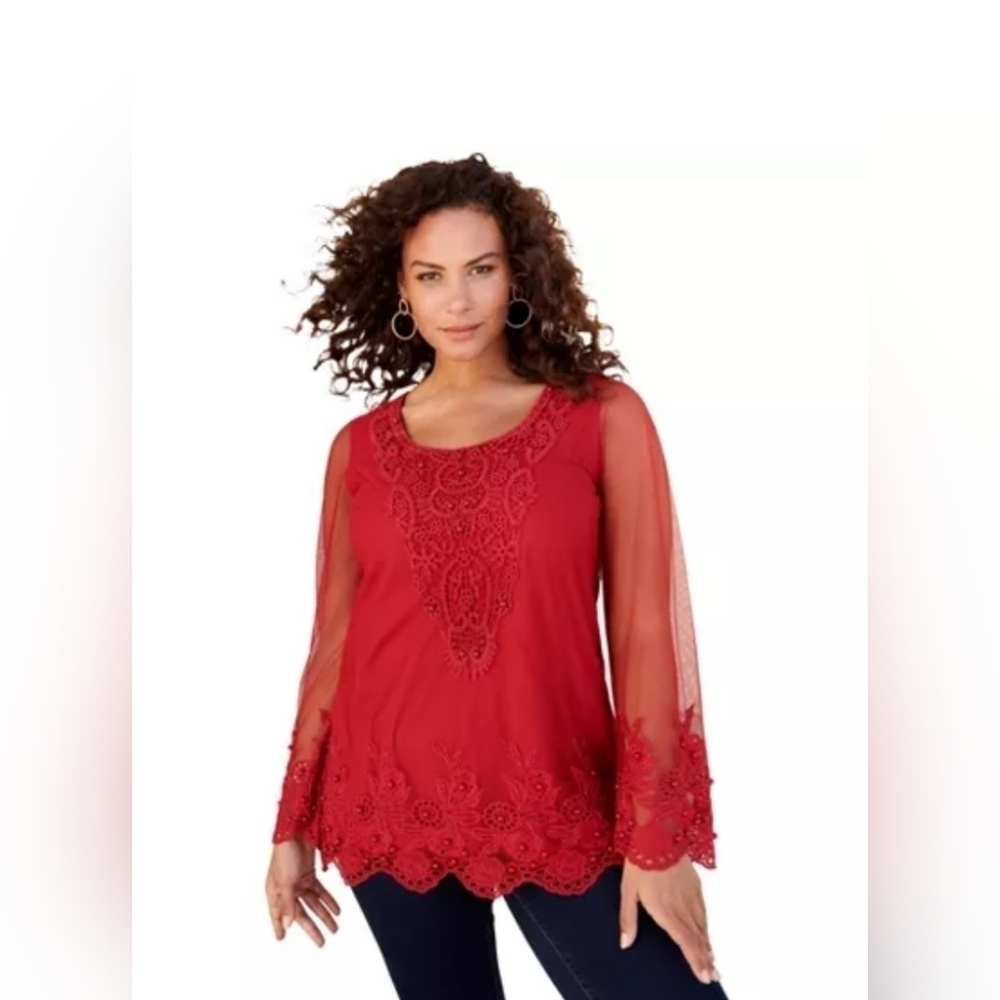 NWOT Red Size 26W Beaded Lace Sheer Sleeves Blouse or 2X Midi Dress